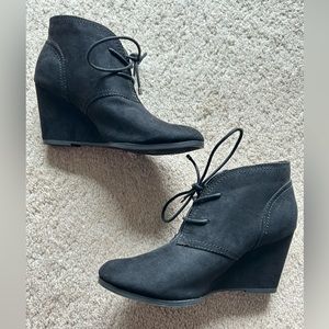 NWOT Fergie Black Lace Up Faux Suede Wedge Heel Booties